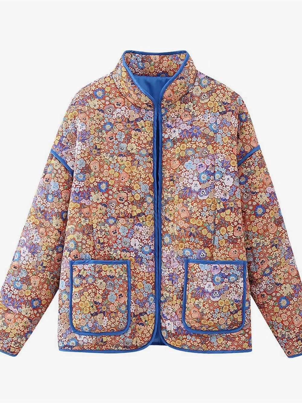Floral Quilted Puff Jacket with Blue Trim